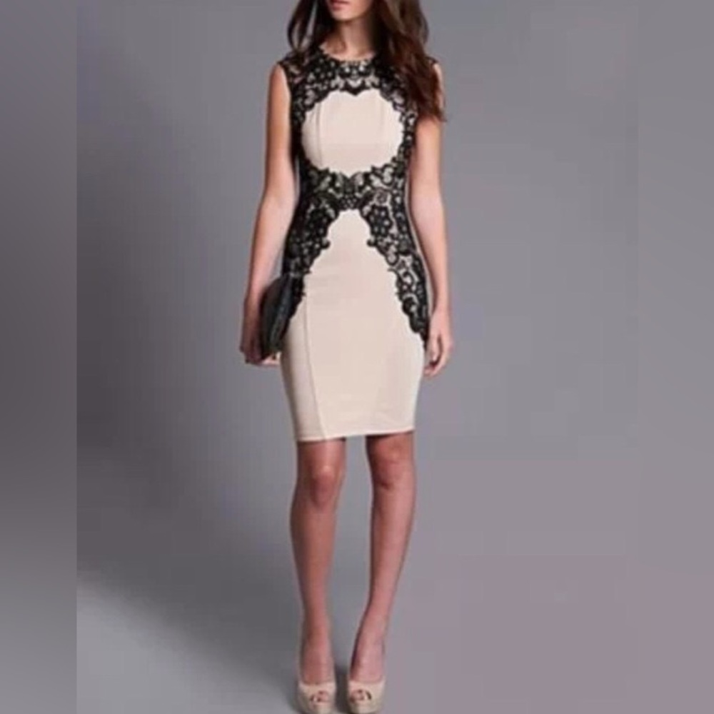 Lipsy London nude black lace bodycon sexy cocktail dress